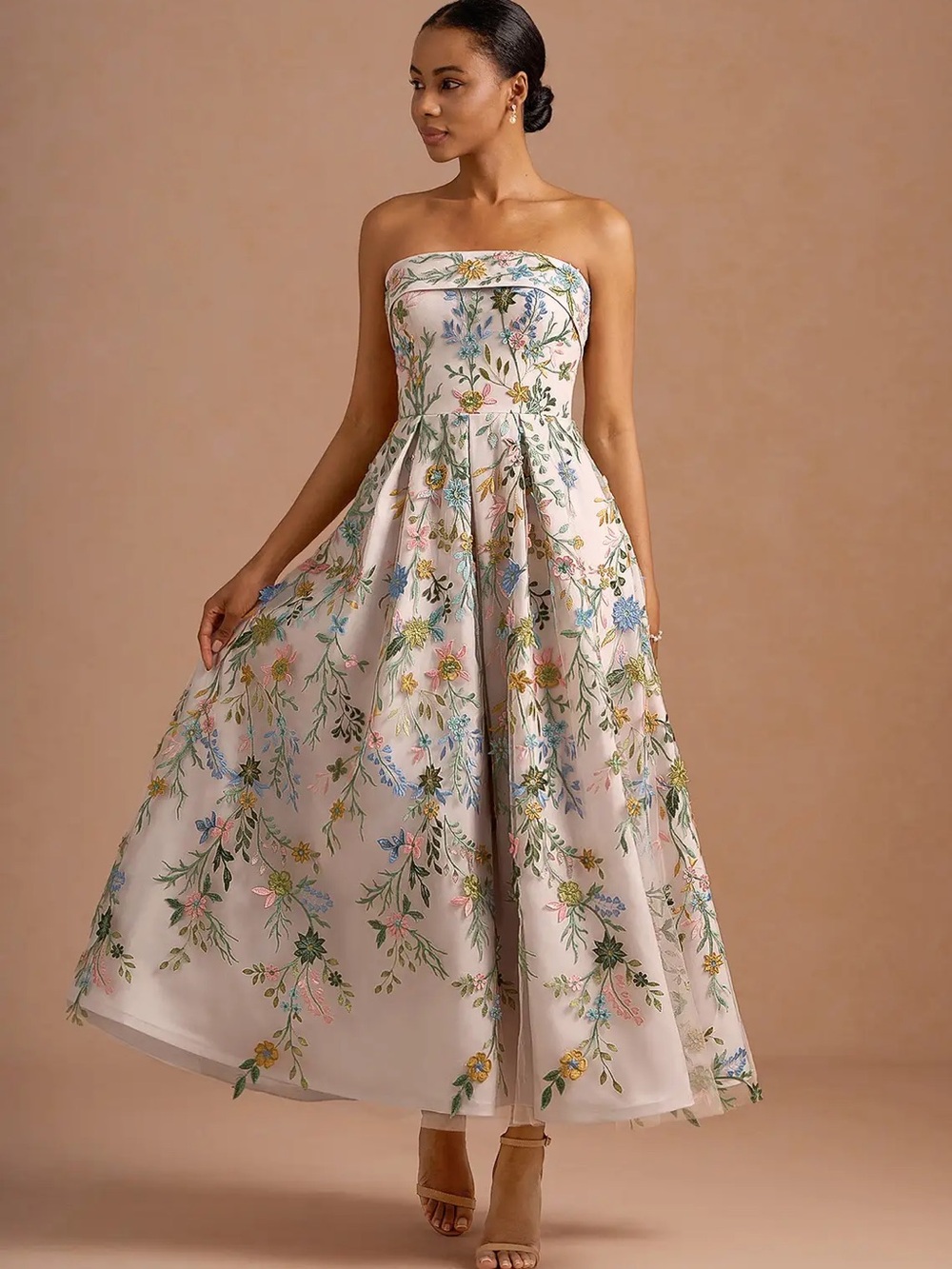 Azazie Strapless Floral Embroidered Midi Dress - Blush